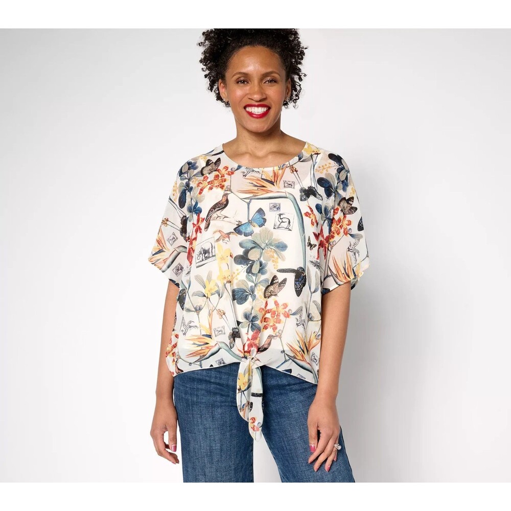 nicole by Nicole Miller Luxe Chiffon Tie Front Blouse Safari Foliage Sz Large